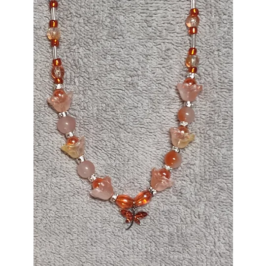 Handmade Autumn Whimsy Beaded Necklace-Orange, Silver and Clear Glass Beaded Butterfly Necklace