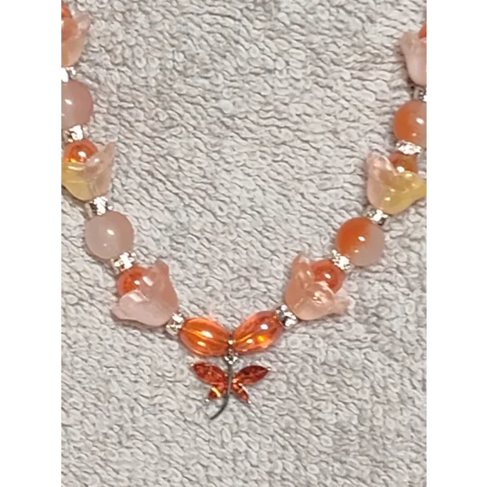 Handmade Autumn Whimsy Beaded Necklace-Orange, Silver and Clear Glass Beaded Butterfly Necklace