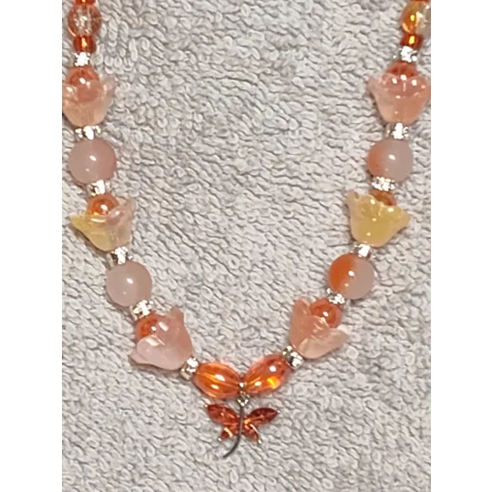 Handmade Autumn Whimsy Beaded Necklace-Orange, Silver and Crystal Beads