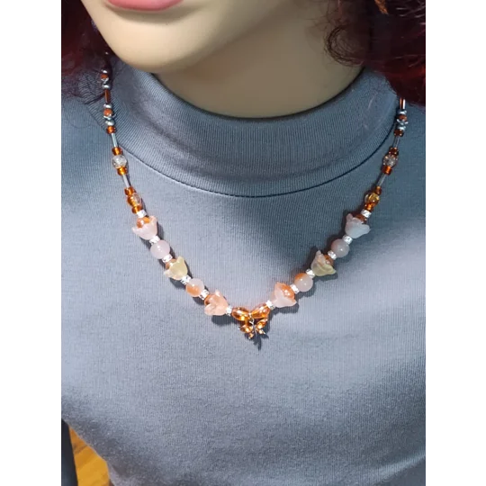 Handmade Autumn Whimsy Beaded Necklace-Orange, Silver and Crystal Beads