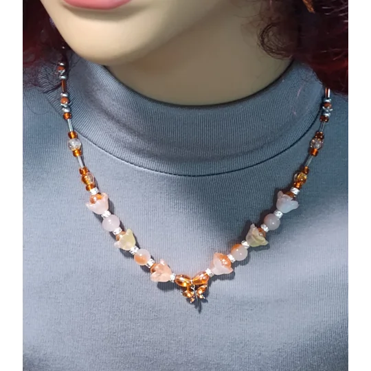 Handmade Autumn Whimsy Beaded Necklace-Orange, Silver and Clear Glass Beaded Butterfly Necklace