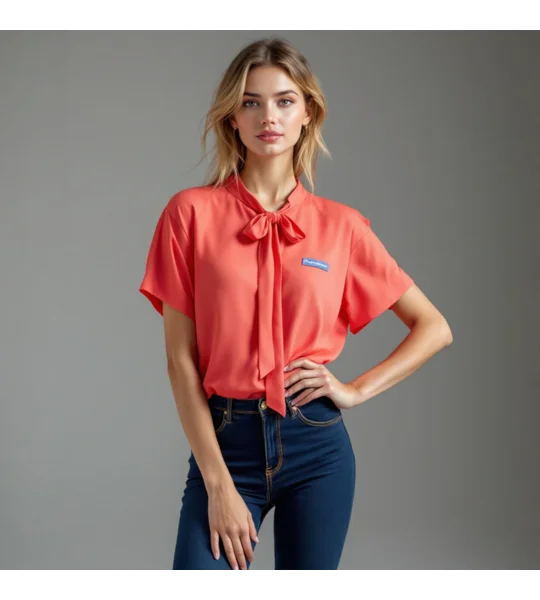 Coral Tie Neck Short Sleeve Blouse