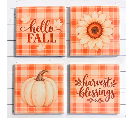 Autumn Harvest Ceramic Coaster Set of 4 | Fall Pumpkin & Sunflower Coasters