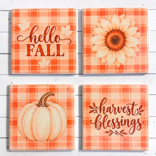 Autumn Harvest Ceramic Coaster Set of 4 | Fall Pumpkin & Sunflower Coasters