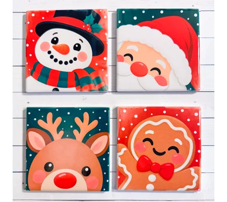 Christmas Cheer Ceramic Coaster Set of 4 | Cute Holiday Character Coasters