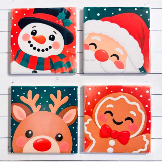 Christmas Cheer Ceramic Coaster Set of 4 | Cute Holiday Character Coasters