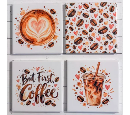 Coffee Lovers Ceramic Coaster Set of 4 | Coffee-Themed Drink Coasters