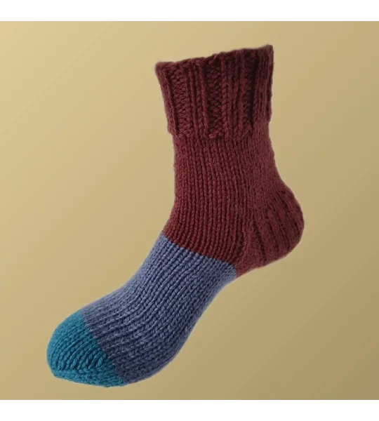 Hand Knit Women Wool Socks Maroon - Blue