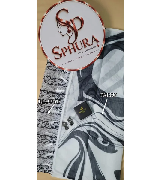 Semi Linen Saree - white & Black