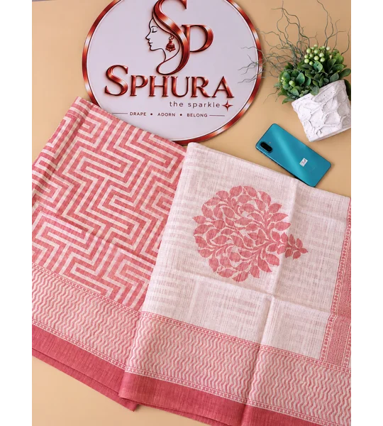 Bhagalpuri Kota - Peach and White Saree