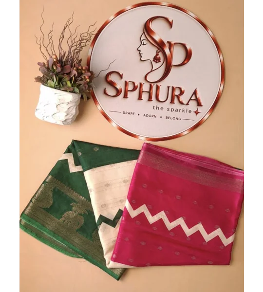 Semi Binny Silk - Rani Pink & Green