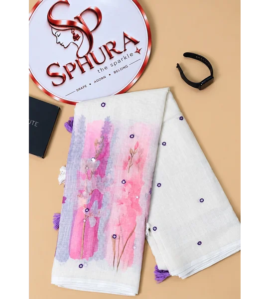 Semi linen saree with mirror work shibori design
