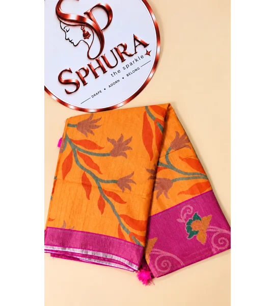 Semi Silk crepe saree - Orange and pink