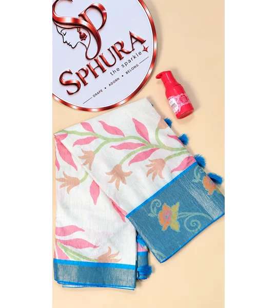 Semi Silk Crepe saree - White and blue