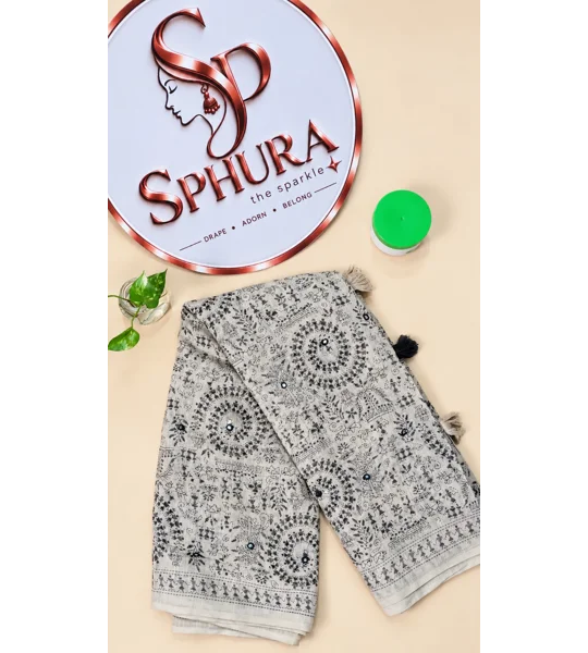 Semi linen saree with mirror work -Beige and black