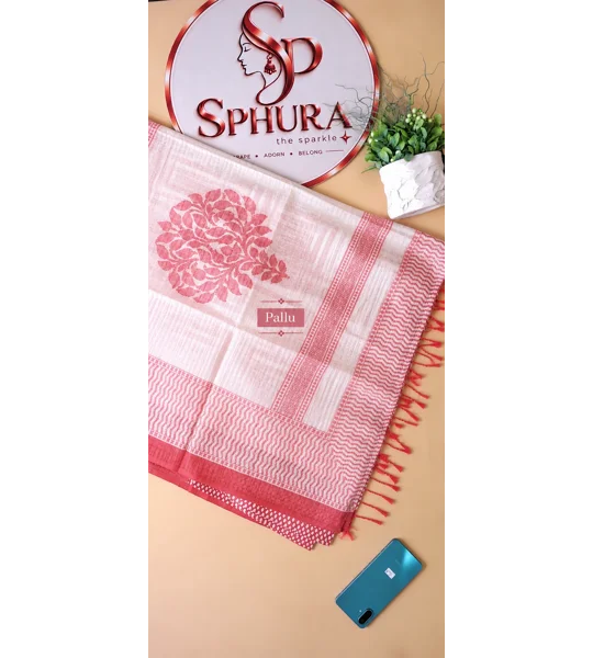Bhagalpuri Kota - Peach and White Saree