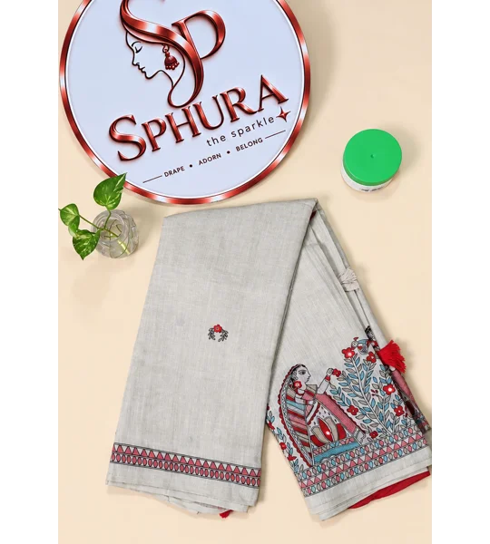 Semi linen saree with mirror work - Beige and red