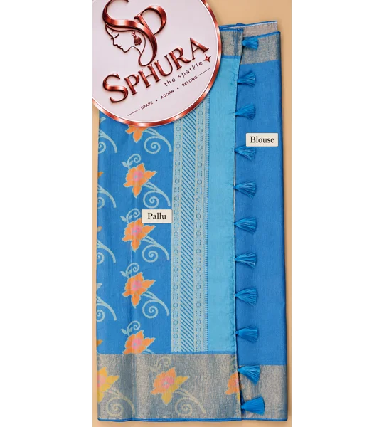 Semi Silk Crepe saree - White and blue