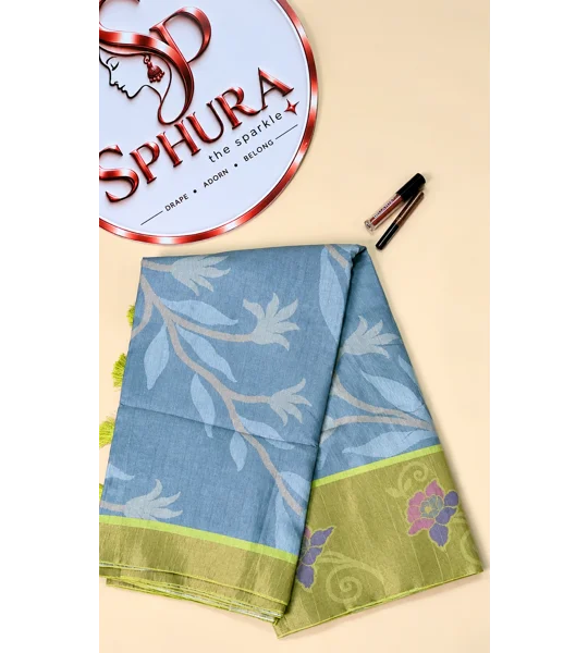 Semi Silk crepe Saree - Grey and green