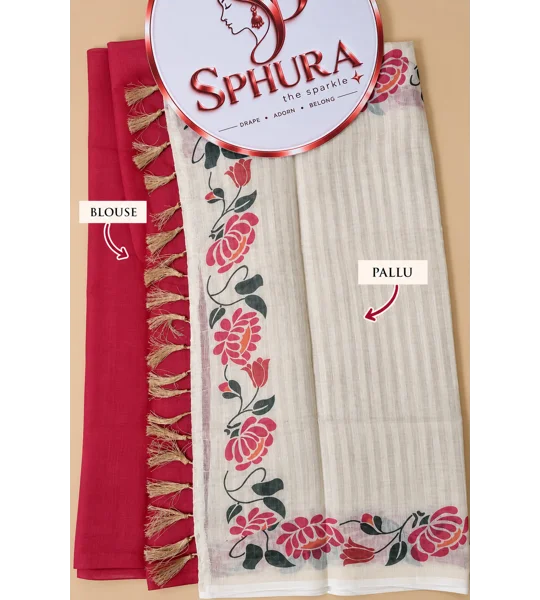 Semi Linen Saree - Beige & Red