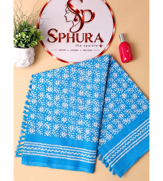Semi cotton Batik Print Blue Saree