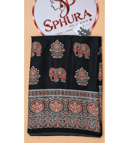 Premium Modal silk - Black Mirror work , Elephant print