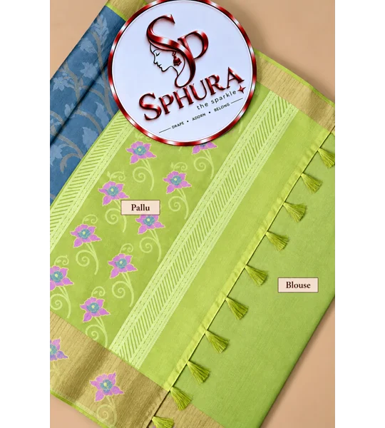 Semi Silk crepe Saree - Grey and green