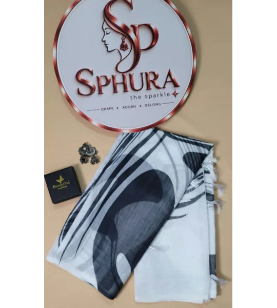 Semi Linen Saree - white & Black