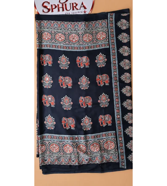 Premium Modal silk - Black Mirror work , Elephant print