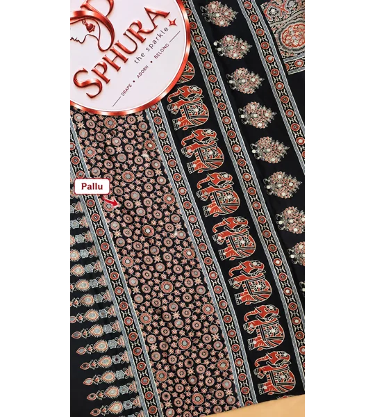 Premium Modal silk - Black Mirror work , Elephant print