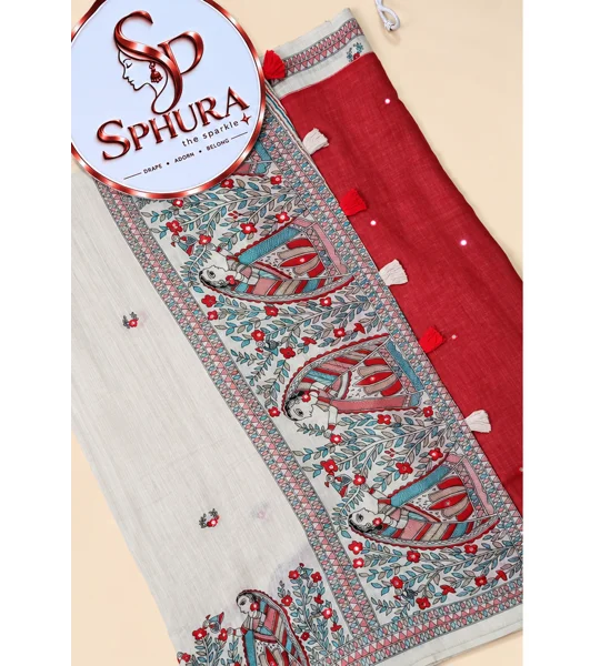 Semi linen saree with mirror work - Beige and red