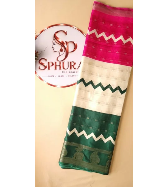 Semi Binny Silk - Rani Pink & Green