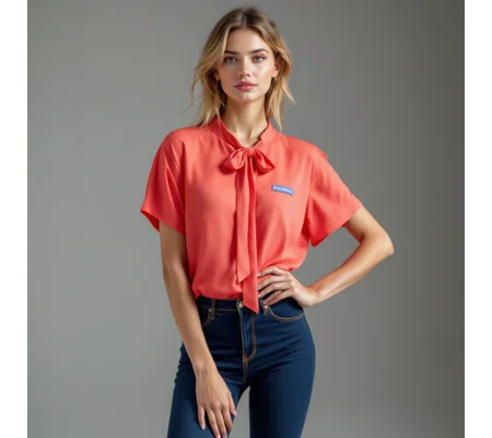 Coral Tie Neck Short Sleeve Blouse