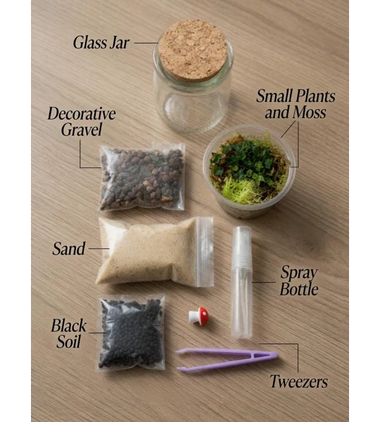 DIY Live Garden Terrarium Kit – Mini Plants, Mushroom Figurine, Glass Jar