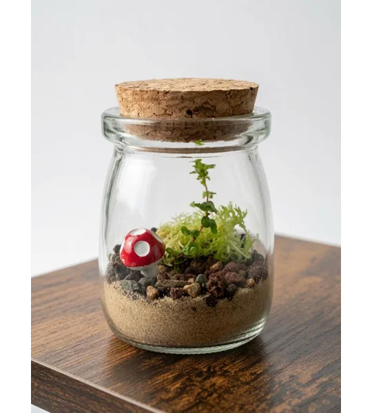 DIY Live Garden Terrarium Kit – Mini Plants, Mushroom Figurine, Glass Jar