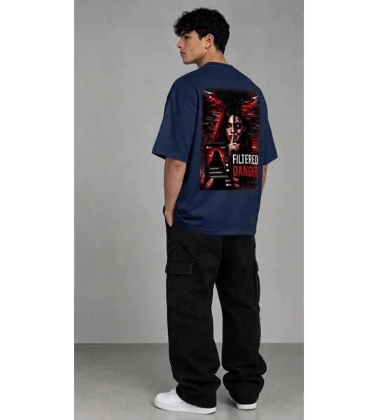 Navy blue cotton custom filtered danger T-shirt