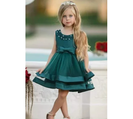 Formal Intense Green Dress, Satin, Tulle, and White Pearls. Size 24 Months