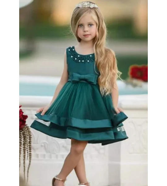 Formal Intense Green Dress, Satin, Tulle, and White Pearls. Size 24 Months