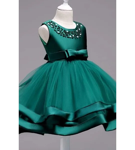 Formal Intense Green Dress, Satin, Tulle, and White Pearls. Size 24 Months