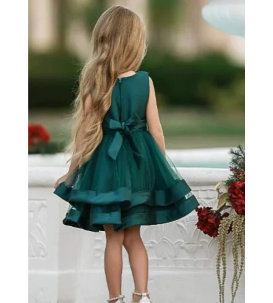 Formal Intense Green Dress, Satin, Tulle, and White Pearls. Size 24 Months