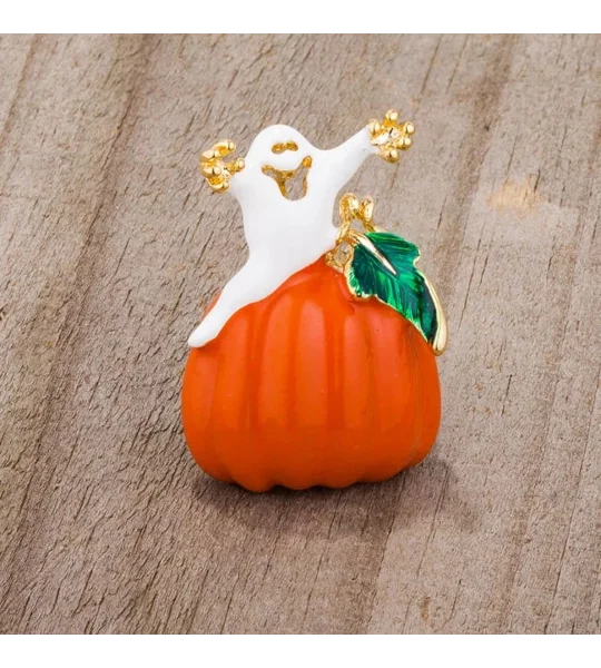 Pumpkin And Ghost Brooch With Crystals
