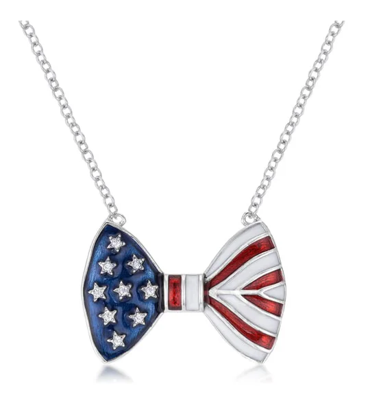 0.025 Ct CZ Stars & Stripes Bow Tie Necklace Red White Blue Enamel Rhodium Plate