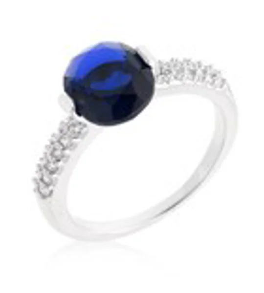 Blue Oval CZ Engagement Ring Rhodium Plated 1.8 Ct Cubic Zirconia 10x7mm