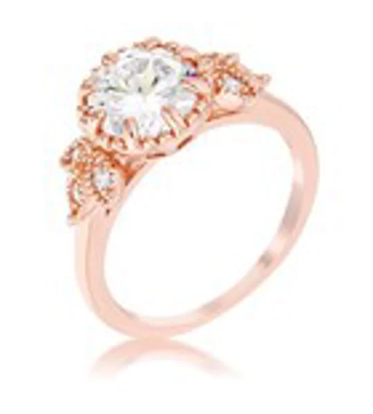 2Ct Rose Gold Plated Round Cut CZ Trio Laurel Leaf Engagement Ring