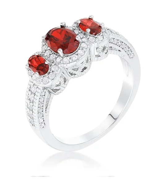 Rhodium Plated 3 Stone Garnet Red CZ Halo Ring Oval Cut Engagement Style