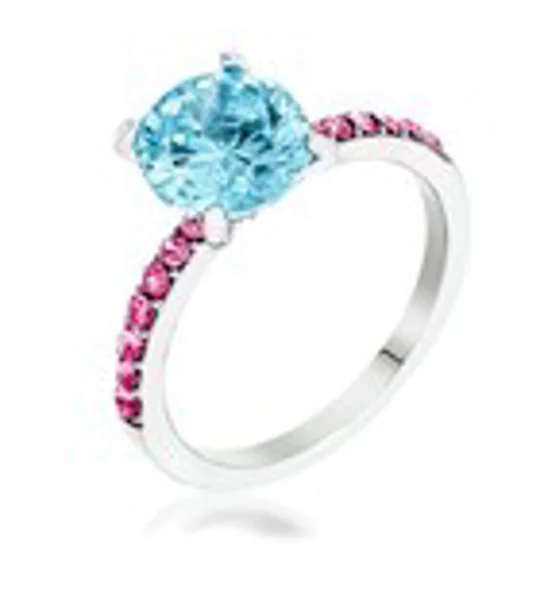 2.3CT Pink Ice and Aqua CZ Rhodium Ring