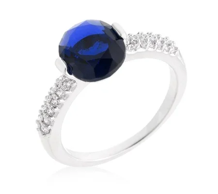 Blue Oval CZ Engagement Ring Rhodium Plated 1.8 Ct Cubic Zirconia 10x7mm
