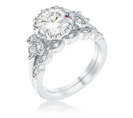 2.25Ct Rhodium Plated Round Cut CZ Trio Laurel Leaf Engagement Set