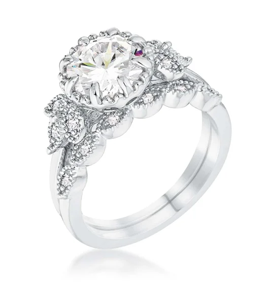 2.25Ct Rhodium Plated Round Cut CZ Trio Laurel Leaf Engagement Set