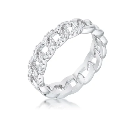 Interlocking Rhodium Chain Design Ring with CZ